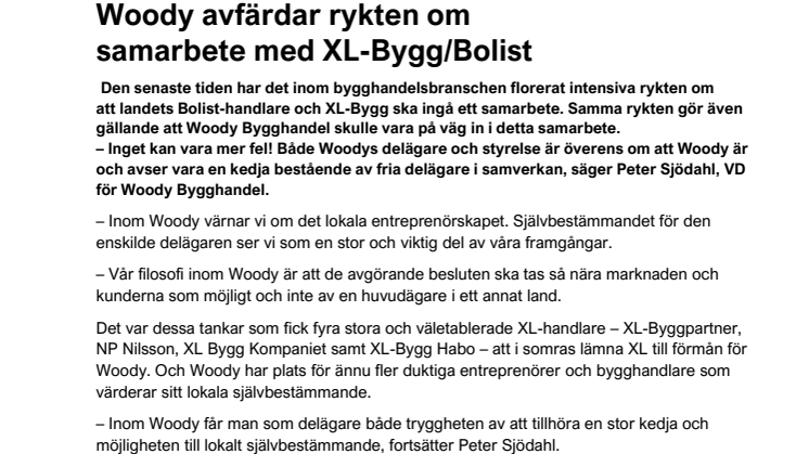 Woody avfärdar ryktena om  samarbete med XL-Bygg/Bolist