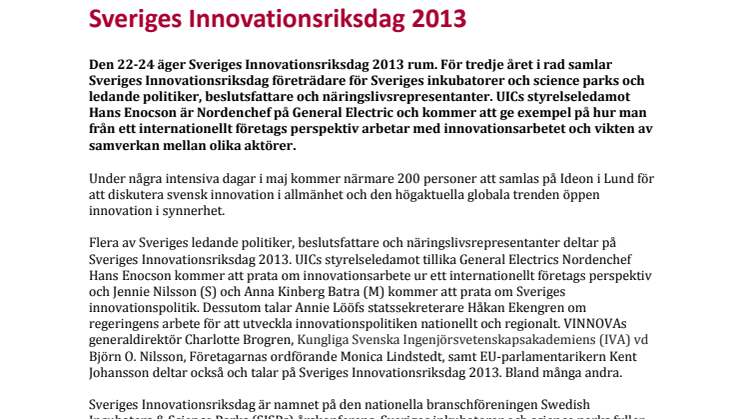 UICs styrelseledamot Hans Enocson talar på Sveriges Innovationsriksdag 2013