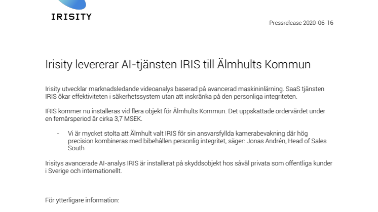 Irisity levererar AI-tjänsten IRIS till Älmhults Kommun
