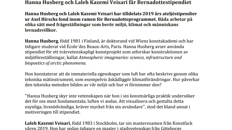 Hanna Husberg och Laleh Kazemi Veisari får Bernadottestipendiet