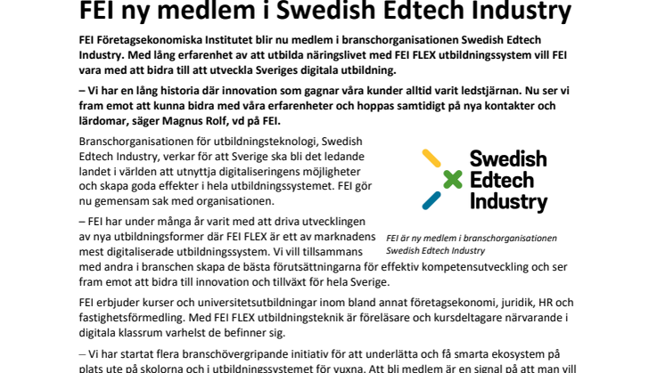 FEI ny medlem i Swedish Edtech Industry
