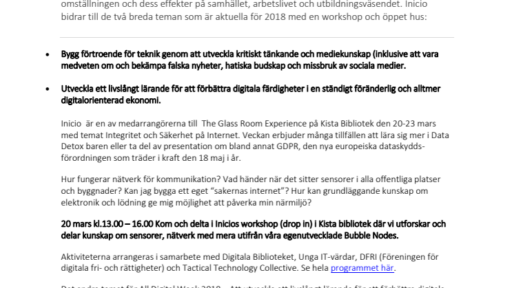 Inicio deltar i All Digital Week med  workshop om Data och Integritet den 20/3 samt Öppet Hus den 22/3 