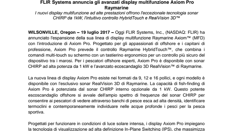 Raymarine: FLIR Systems annuncia gli avanzati display multifunzione Axiom Pro Raymarine