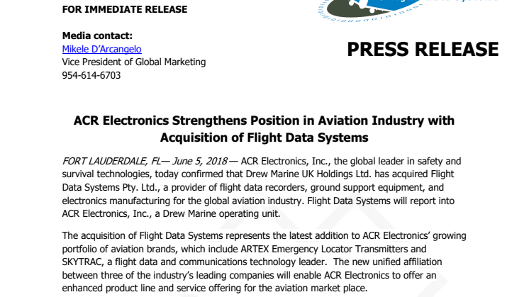 ACR Electronics Strengthens Position in Aviation Industry with Acquisition of Flight Data Systems