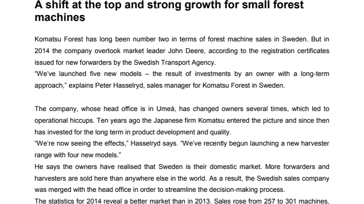 Swedish forwarder registrations in 2014: A shift at the top and strong growth for small forest machines