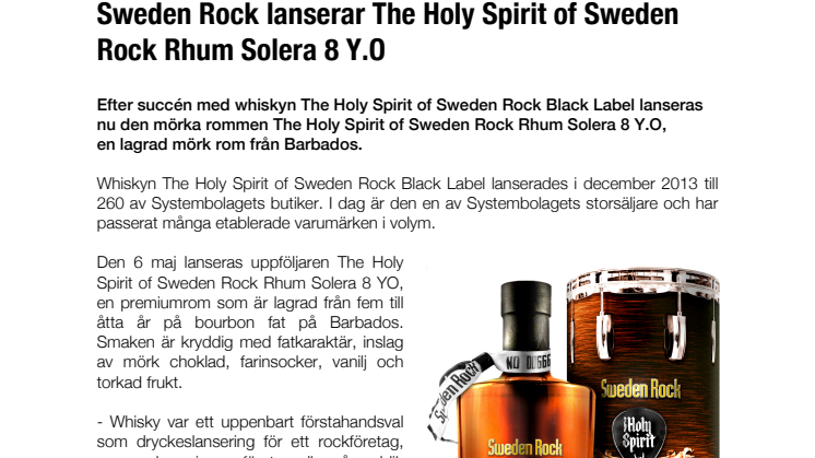 Sweden Rock lanserar The Holy Spirit of Sweden Rock Rhum Solera 8 Y.O