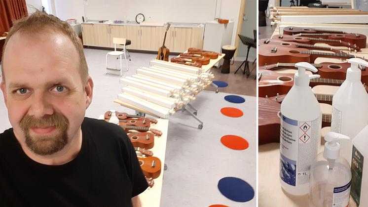 Med färre elever åt gången och handsprit mellan varven kan Anders Larsson lära ut stränginstrumentet hummel i Ljungby.