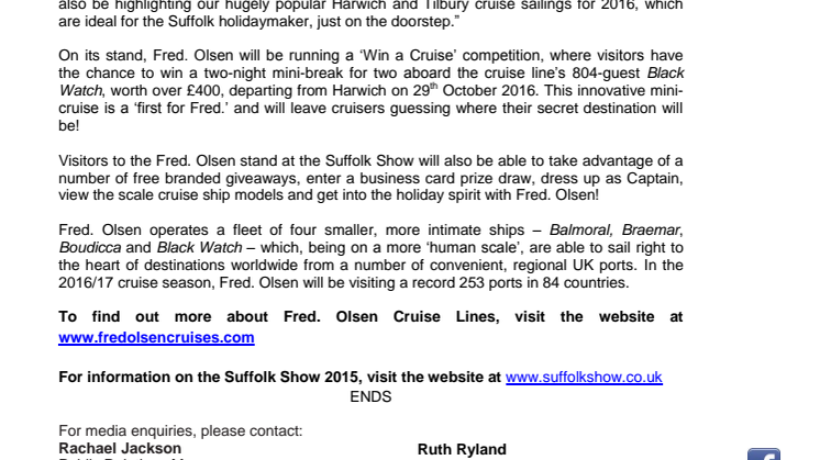 Fred. Olsen Cruise Lines to exhibit at the Suffolk Show, Wednesday 27th and Thursday 28th May 2015 – visit us on Stand 416!