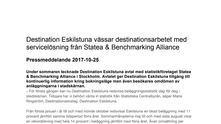 ​Destination Eskilstuna vässar destinationsarbetet med servicelösning från Statea & Benchmarking Alliance