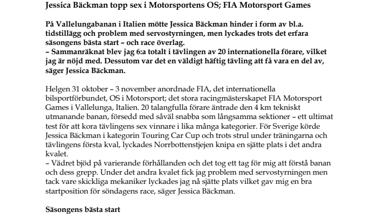 Jessica Bäckman topp sex i motorsportens OS; FIA Motorsport Games
