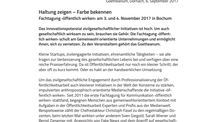 Haltung zeigen – Farbe bekennen. Fachtagung ‹öffentlich wirken› am 3. und 4. November 2017 in Bochum