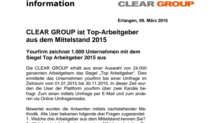 CLEAR GROUP ist Top-Arbeitgeber aus dem Mittelstand 2015