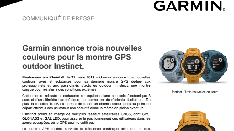 Garmin annonce trois nouvelles couleurs pour la montre GPS outdoor Instinct. 