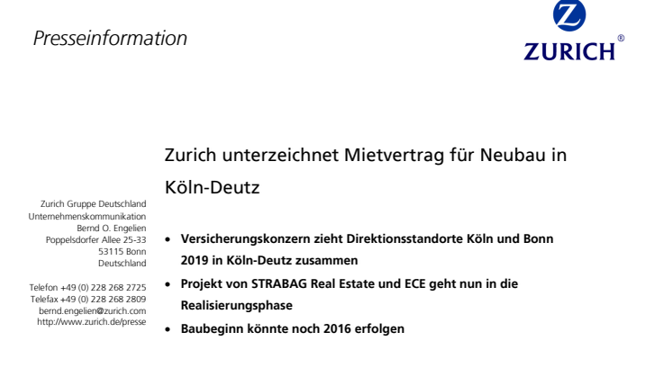 Zurich unterzeichnet Mietvertrag für Neubau in Köln-Deutz