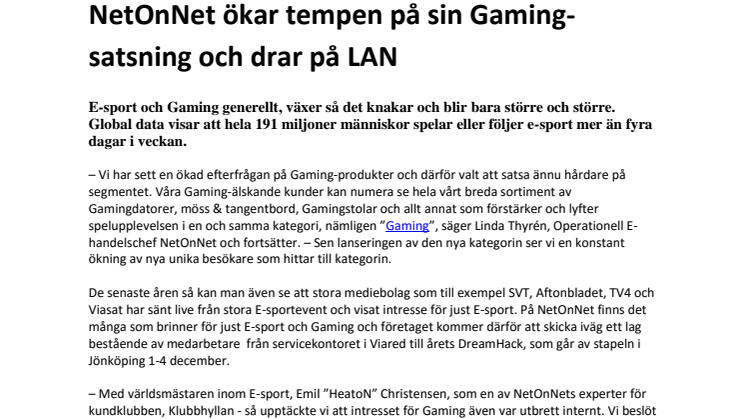 NetOnNet ökar tempen på sin Gaming-satsning och drar på LAN