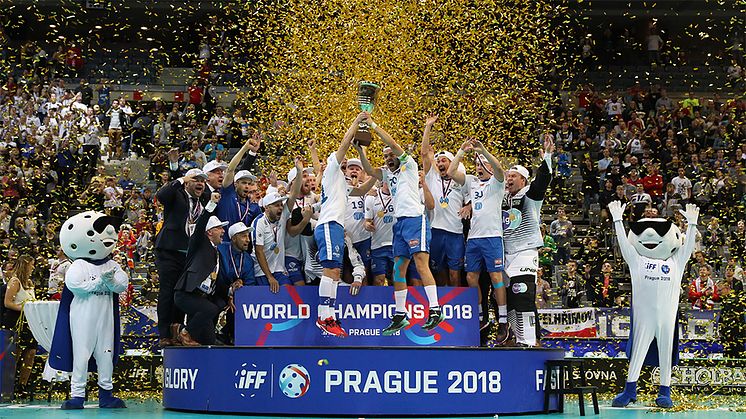 Suomen miesten salibandymaajoukkue voitti maailmanmestaruuden 2018. Lehtikuva / Ville Vuorinen