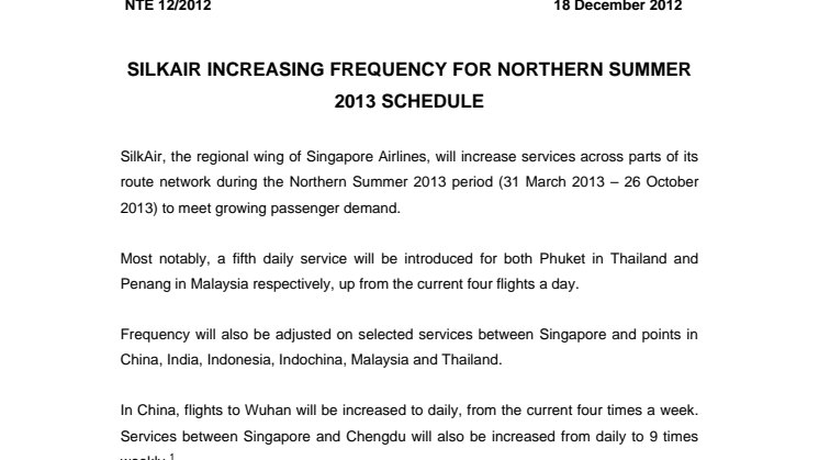 SilkAir Increasing Frequency For Northern Summer 2013 Schedule