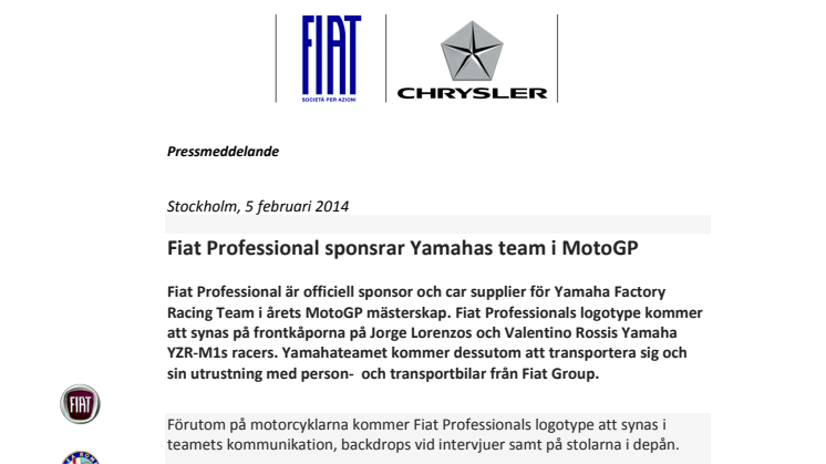Fiat Professional sponsrar Yamahas team i MotoGP