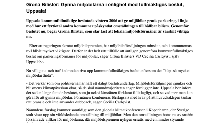 Gröna Bilister: Gynna miljöbilarna i enlighet med fullmäktiges beslut, Uppsala!