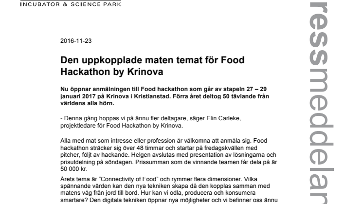 Den uppkopplade maten temat för Food Hackathon by Krinova