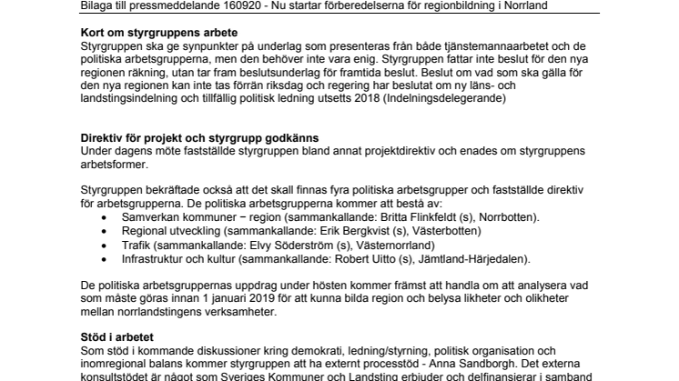 Bilaga till pressmeddelande - Nu startar förberedelserna för regionbildning i Norrland. 