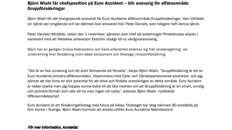 Björn Wiahl får chefsposition på Euro Accident – blir ansvarig för affärsområde Gruppförsäkringar