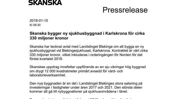 Skanska bygger ny sjukhusbyggnad i Karlskrona för cirka 330 miljoner kronor