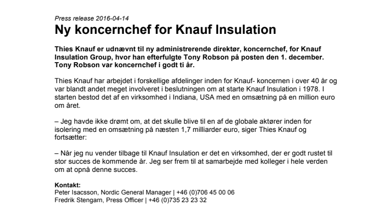 Ny koncernchef for Knauf Insulation 