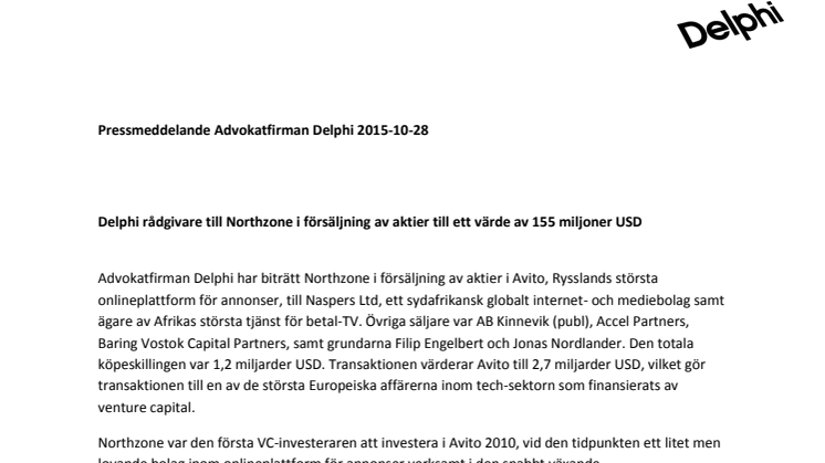 Delphi rådgivare till Northzone i försäljning av aktier till ett värde av 155 miljoner USD 