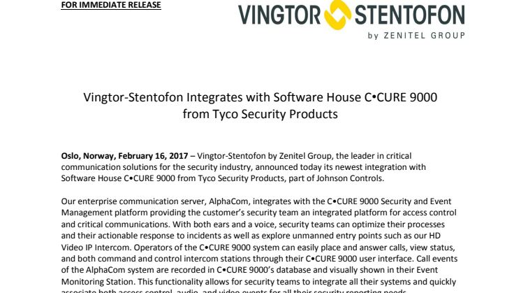 Vingtor-Stentofon Integrates with Software House C•CURE 9000  from Tyco Security Products
