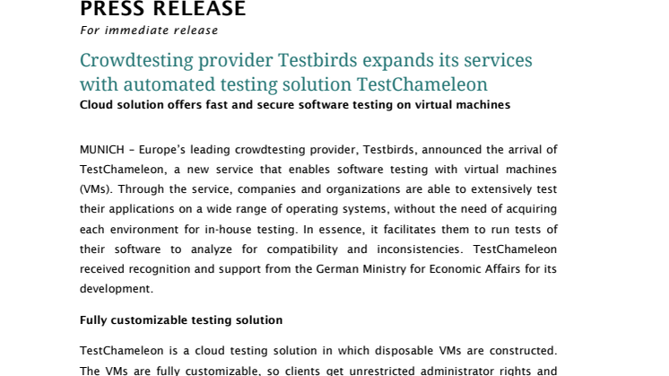 Crowdtesting provider Testbirds expands its services with automated testing solution TestChameleon