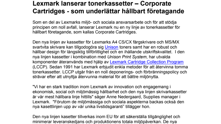 Lexmark lanserar tonerkassetter – Corporate Cartridges - som underlättar hållbart företagande