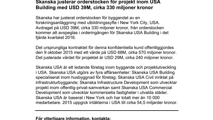 Skanska justerar orderstocken för projekt inom USA Building med USD 39M, cirka 330 miljoner kronor