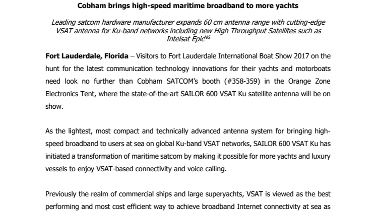 Cobham SATCOM: Cobham brings high-speed maritime broadband to more yachts 