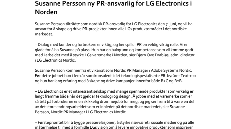 Susanne Persson ny PR-ansvarlig for LG Electronics i Norden