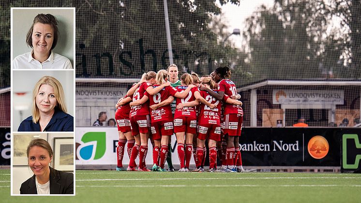 Du förlängs och förstärks samarbetet mellan Sparbanken Nord och Piteå Dam. Jennie Kaarle, ordförande PIF DFF, Erika Mattsson och Anna Boström Sparbanken Nord. Foto: Piteå Dam, Maria Fäldt.