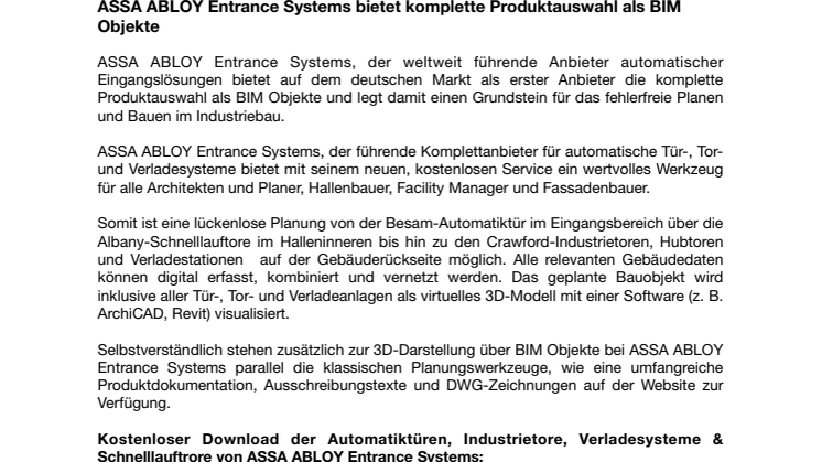 ASSA ABLOY Entrance Systems bietet komplette Produktauswahl als BIM Objekte