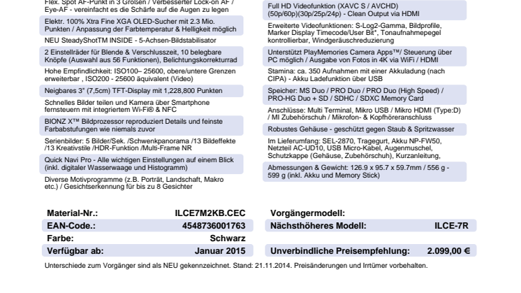Datenblatt ILCE-7M2K von Sony