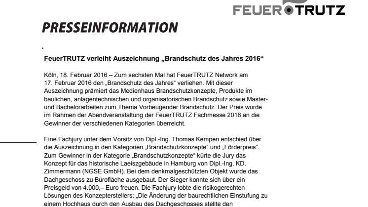 FeuerTRUTZ verleiht Auszeichnung „Brandschutz des Jahres 2016“