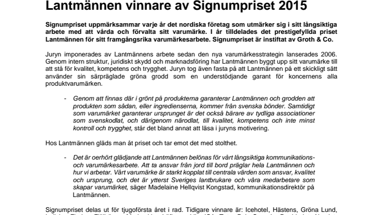 Lantmännen vinnare av Signumpriset 2015