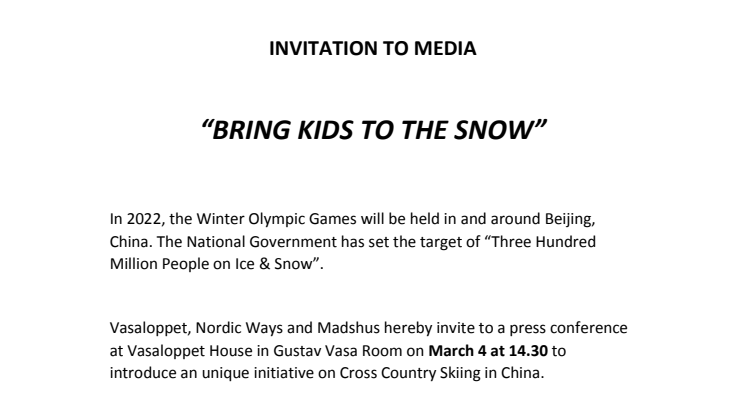 INVITATION TO MEDIA: “BRING KIDS TO THE SNOW”