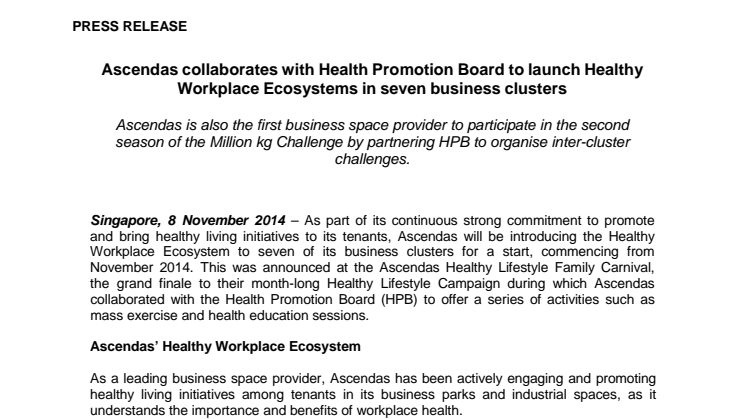 Ascendas collaborates with Health Promotion Board to launch Healthy Workplace Ecosystems in seven business clusters