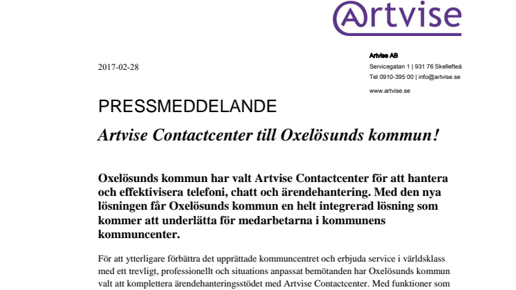 Artvise Contactcenter till Oxelösunds kommun!