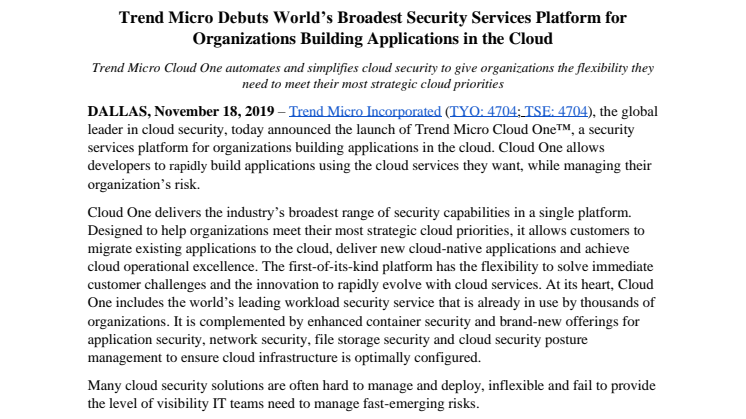 Trend Micro lanserar Cloud One - den största säkerhetsplattformen för företag som bygger molnappplikationer