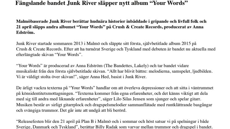 Fängslande bandet Junk River släpper nytt album “Your Words”