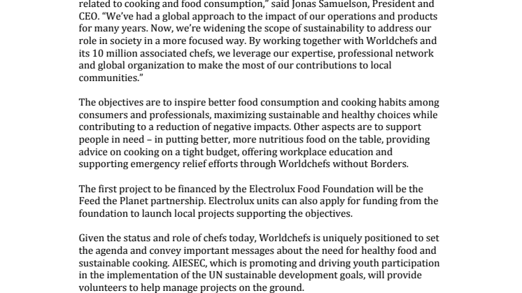 Worldchefs Joins Forces with Electrolux in supporting UN Global Goals, takes action on sustainability and food
