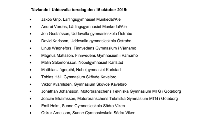 Lista på deltagande elever på Kvaltävlingen i Uddevalla