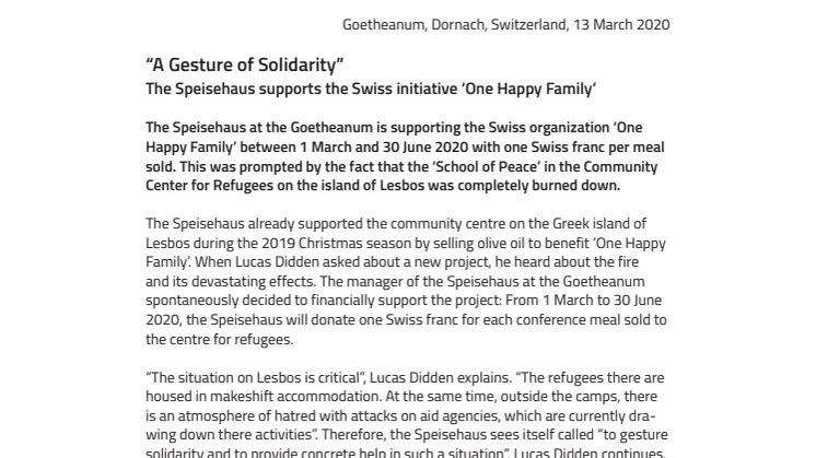 “A Gesture of Solidarity”. The Speisehaus supports the Swiss initiative ‘One Happy Family’