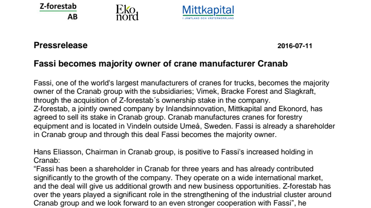 Fassi becomes majority owner of crane manufacturer Cranab