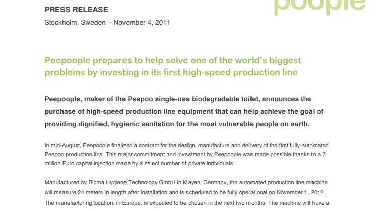 Peepoople prepares to help solve one of the world’s biggest problems by investing in its first high-speed production line